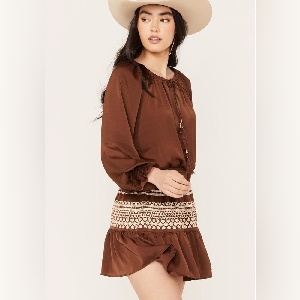 SHYANNE WOMEN'S DARK BROWN SATIN PEASANT DRESS SZ M